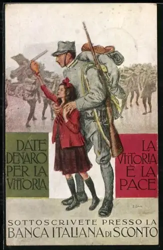 AK Werbung für Kriegsanleihen in Italien, Soldat mit einem jungen Mädchen