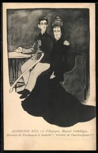AK Karikatur von Alfonso XIII., wie er kindisch auf dem Schoss einer Dame sitzt