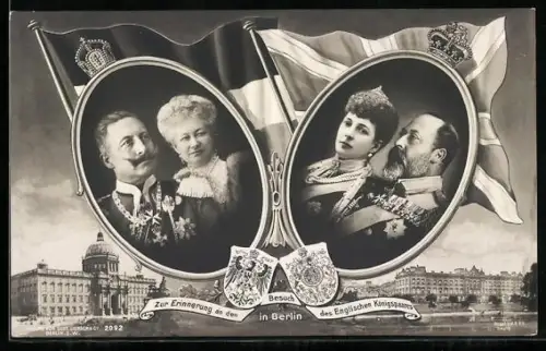 AK Berlin, Erinnerung des Besuchs des Königspaars von England mit Porträt des Deutschen Kaiserpaars