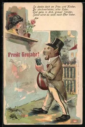 AK Kater mit Frack, Zylinder und Laute singt vor dem Fenster einer hübschen Dame