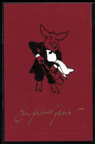 Präge-AK Als Kellner angezogenes Schwein auf zwei Beinen öffnet eine Flasche Schaumwein