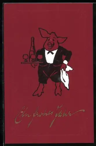 Präge-AK Als Kellner gekleidetes Schwein auf zwei Beinen trägt ein Tablett mit Schaumweinflasche und Gläsern