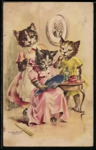 Künstler-AK sign. C. Em. Smit.: Katzen in Kleidern und mit Handspiegel machen sich fein