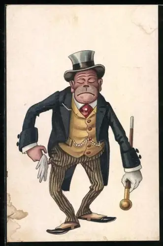 AK Affe mit Frack, Weste, Zylinder und Gehstock zieht sich einen zweiten weissen Handschuh an