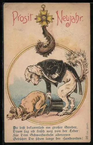 AK Hund im Frack verbeugt sich und zieht den Hut vor einem anderen Hund