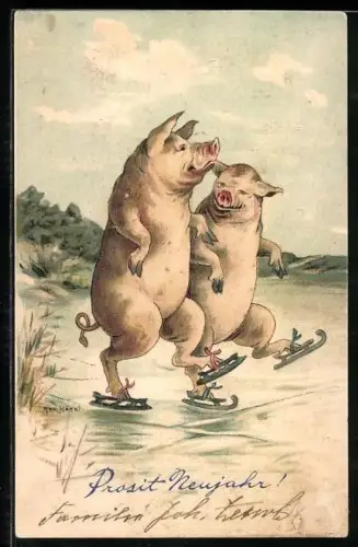Künstler-AK sign. Max Hänel: Zwei Schweine beim Schlittschuhlaufen