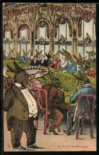 AK Monte-Carlo, Esel steht vor einem Roulette Tisch, an dem andere Esel und Menschen spielen