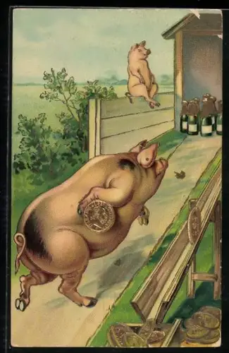 AK Schwein bowlt mit einer Goldmünze und Schaumweinflaschen