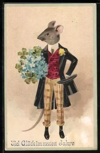Präge-AK Elegante Maus mit Frack, Zylinder und einem Strauss Vergissmeinnicht