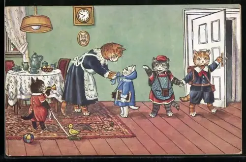 AK Katzenkinder verabschieden sich von ihrer Mutter, die noch ein Geschwisterchen ankleidet