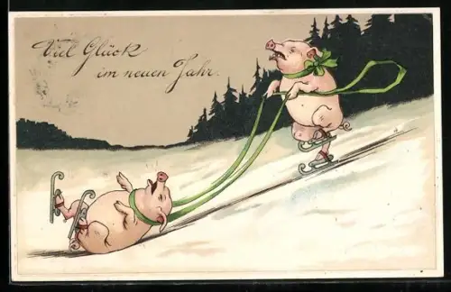 AK Schweine mit Kleeblattschleife fahren Schlittschuhe, eines fällt