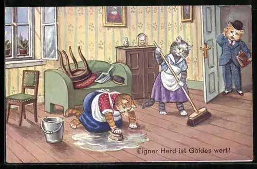 AK Katzen schrubben und fegen in ihrer Wohnung