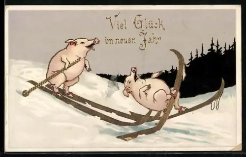 AK Zwei Schweine auf goldenen Skiern, eines fällt