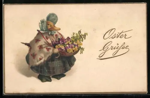 AK Gänsedame mit Haube und einem Korb voller Blumen, darunter Veilchen