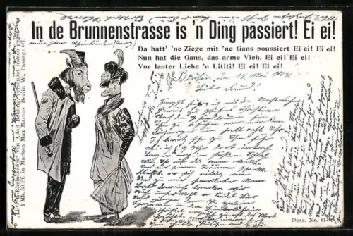 AK Eleganter Ziegenbock mit Gehstock steht vor einer Gänsedame mit imposantem Hut