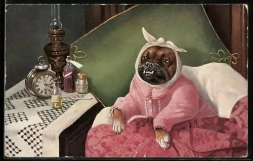 AK Hund im Schlafanzug liegt im Bett und leidet an Zahnschmerzen