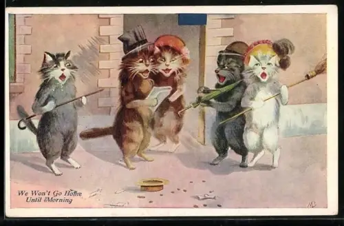 AK Gruppe von Katzen mit Hüten, Gehstöcken und einem Regenschirm singt für Spenden