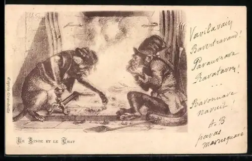 AK Affe und Katze in menschlicher Kleidung sitzen vor einem Kamin und rösten etwas