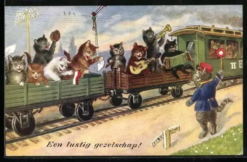 AK Katzen passieren einen Schaffner und spielen auf einem offenen Wagen Flöte, Trompete und Gitarre