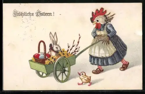 AK Henne im blauen Kleid schiebt eine Karre mit dem Osterhasen vor sich her, daneben läuft ein Küken