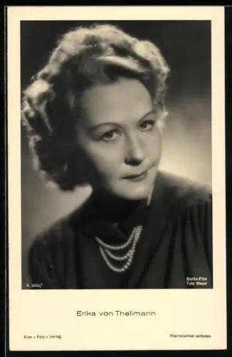 AK Schauspielerin Erika von Thellmann mit Halskette in schwarzweiss fotografiert
