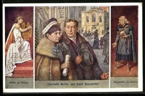 AK Schauspielerin Charlotte Wolter u. Schauspieler Adolf Sonnenthal am Markt