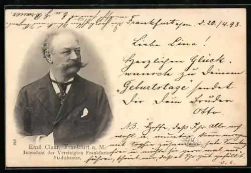 AK Schauspieler Emil Claar mit eindrucksvollem Schnauzert, Intendant der Vereinigten Frankfurter Stadttheater