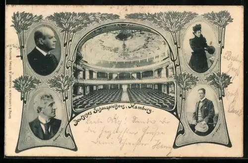 AK Schauspieler Ludwig Max, Carl Wagner, Robert Nhil und Frau Ellmenreich, angeordnet um Saal des Schauspielhauses