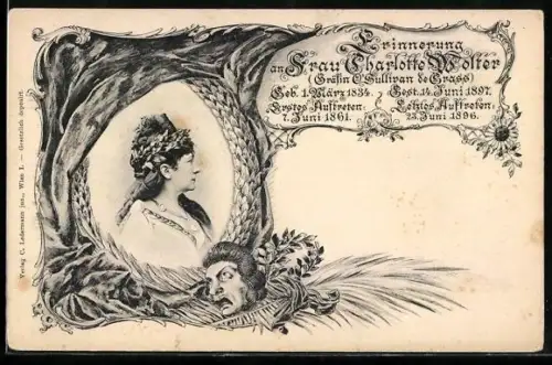 AK Portrait Schauspielerin Charlotte Wolter im Kranz