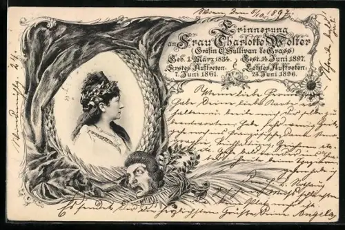 AK Portrait Schauspielerin Charlotte Wolter im Kranz