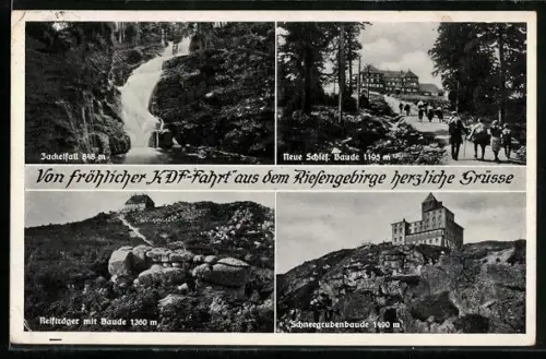 AK Neue Schles. Baude /Riesengebirge, KdF-Fahrt, Jockelfall, Reifträger mit Baude, Schneegrubenbaude