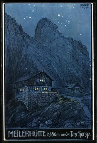 Künstler-AK sign. A. Holzer: Meilerhütte an der Dreithorspitze, Die Berghütte bei sternenklarer Nacht