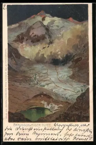 Lithographie Braunschweiger Hütte, Ansicht im Gletscherpanorama