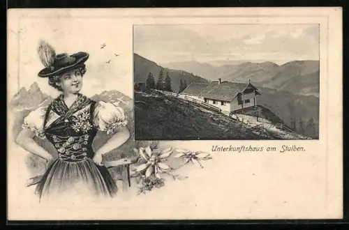 AK Unterkunftshaus am Stuiben, Blick ins Tal, Passepartout mit Dame in Tracht