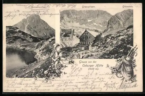 AK Coburger Hütte mit Sonnenspitze und Griesspitzen