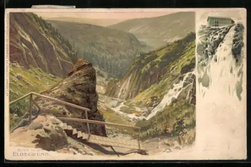 Lithographie Elbfallbaude, Blick in den Elbegrund