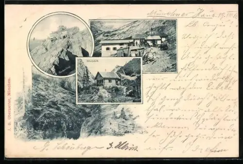 AK Münchner Haus, Berghütten vor Alpenpanorama