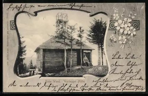 AK Waldegger Hütte /Hohe Wand, Berghütte mit Aussichtsplattform, Blumen-Passepartout