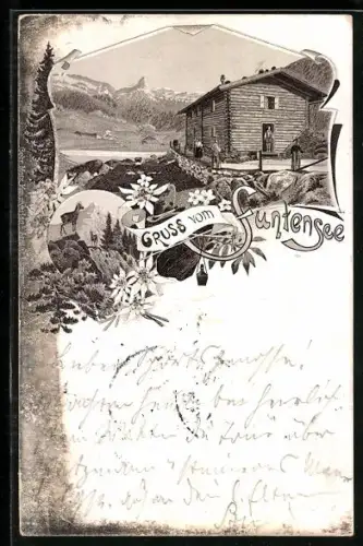 Lithographie Funtenseehaus, Blick auf die Berghütte