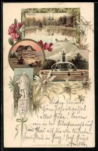 Lithographie Graz, Hilmteich, Stubenberghaus, Stadtpark-Brunnen