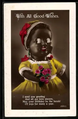 AK Puppe in gelbem Kleid mit Blumenstrauss, Geburtstagswünsche