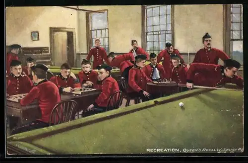 AK Recreation, Queens Royal W. Surrey Regiment, englische Soldaten spielen Schach und Billard