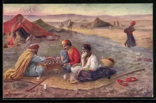 Künstler-AK Männer mit Zigarette und Pfeife beim Schachspiel