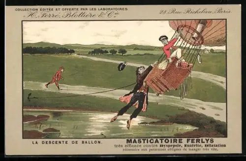 AK Paris, Reklame H. Ferre Blotterie & Cie, Rue Richelieu 28, Mann hängt am Ballon, Reklame Cigarros da Abyssinia