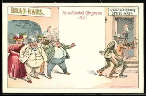 Künstler-AK Graz, Anti-Alkohol Congress 1901, Abstinenzler werden von dicken Genussmenschen verspottet