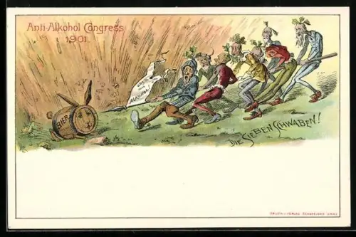 Lithographie Graz, Anti-Alkohol-Kongress 1901, Die sieben Schwaben!