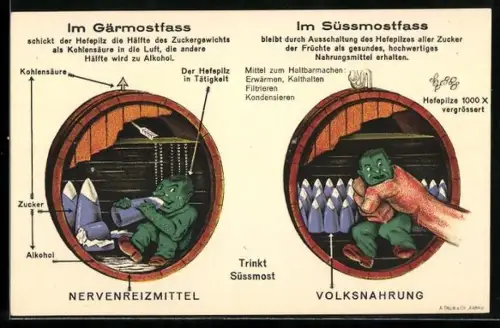 AK Grünes Männchen im Gärmostfass und im Süssmostfass, Trinkt Süssmost, Anti-Alkohol