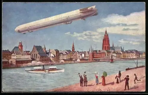 AK Frankfurt a. M., Internationale Luftschiffahrts-Ausstellung ILA, Uferpartie mit Dampfer und Luftschiff Zeppelin