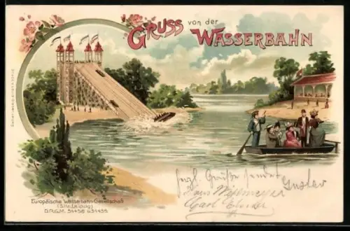 Lithographie Volksfest, Wasserbahn und Gondelfahrt auf dem Festgelände