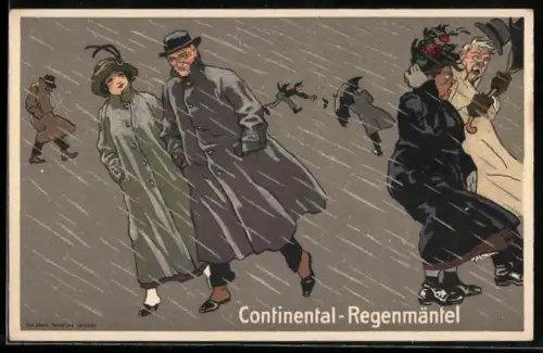 AK Reklame für Continental Regenjacken, Spaziergänger im strömenden Regen